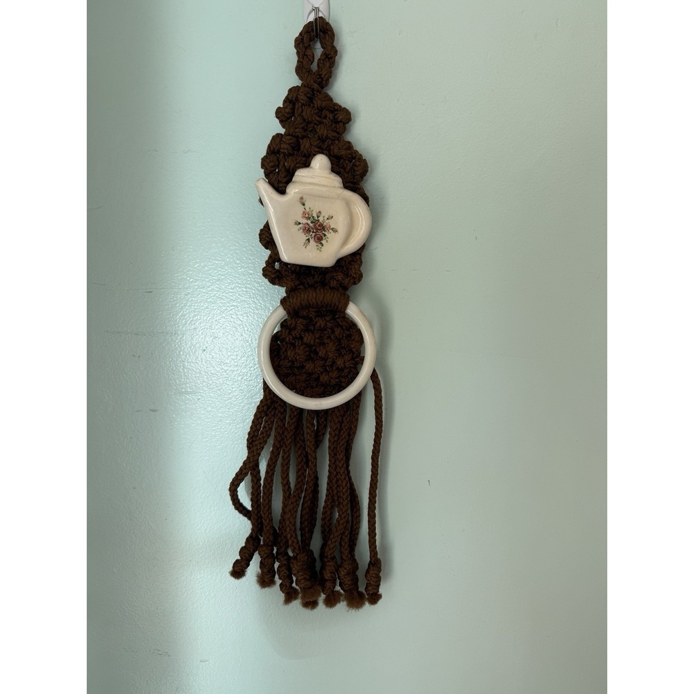 Vtg Handmade MACRAME‎ Wall Hanging Decoration on Teapot Grandmacore Towel